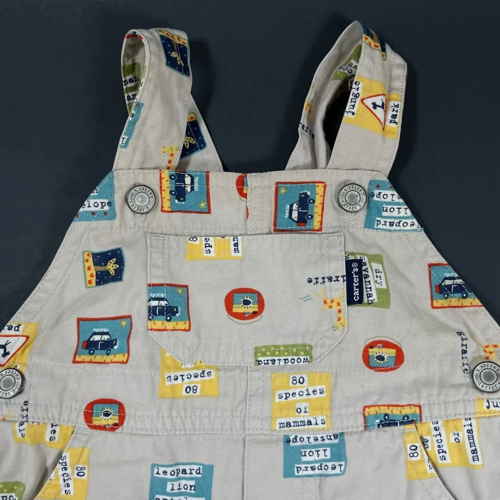 Vintage Carters Safari Animal Print Shortalls Boys 12-18M Tan Jungle Overalls